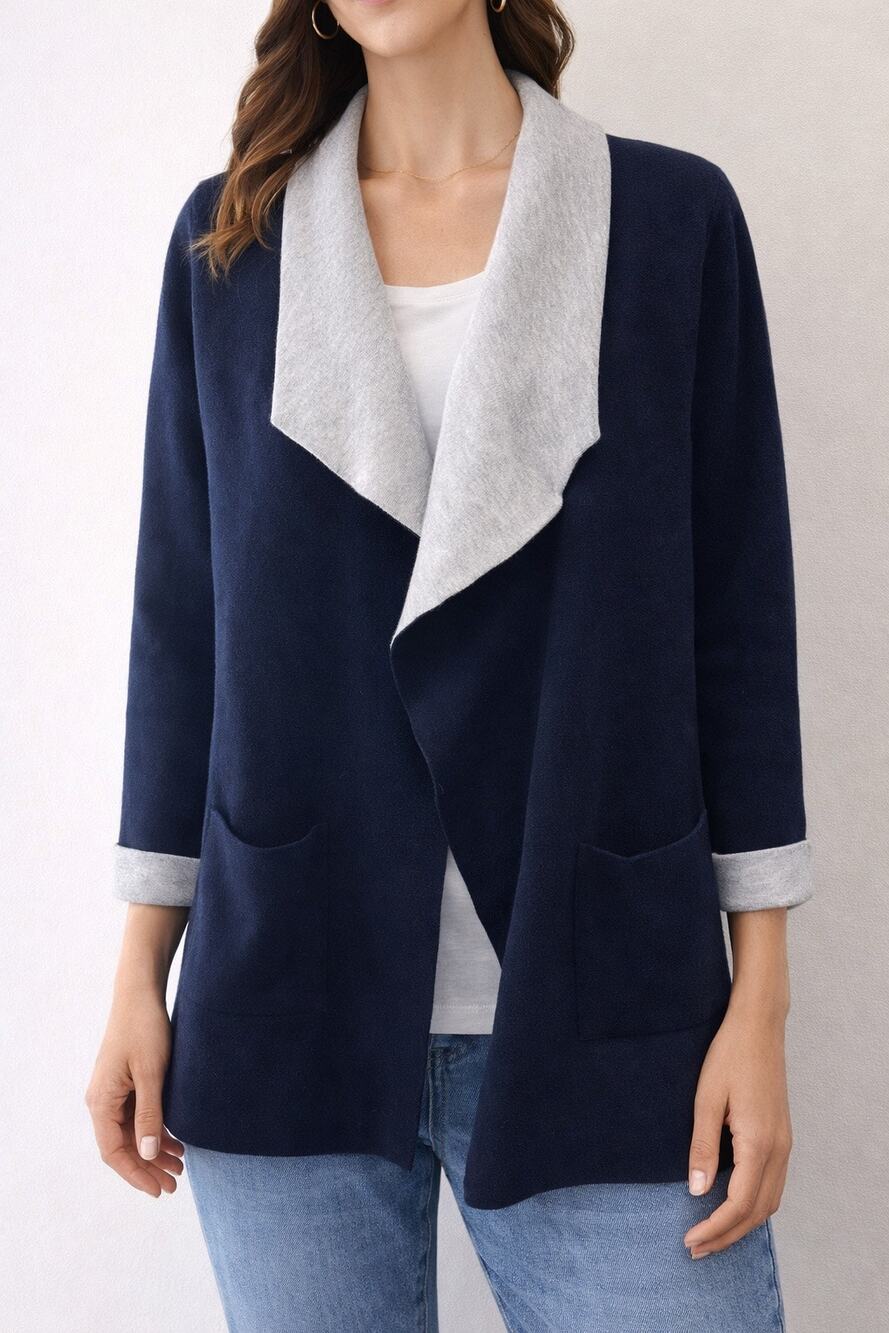 BODEN Wool Blend Open Front Cardigan Navy Gray Shawl Collar Sweater Jacket Small